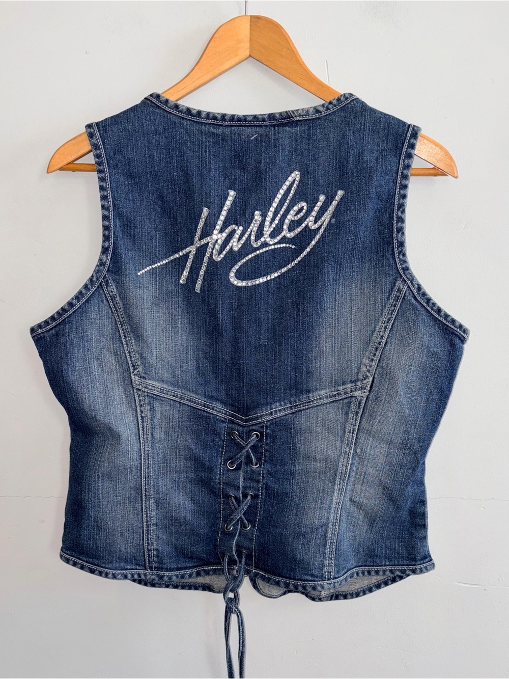Vintage Harley Davidson Denim Rhinestone Vest Sz L
